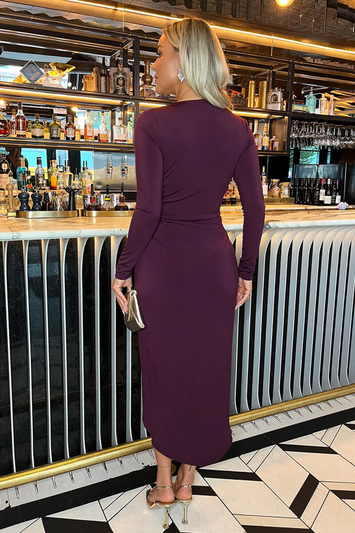 Stacey Burgundy Plum Long Sleeve Ring Detail Wrap Midi Dress