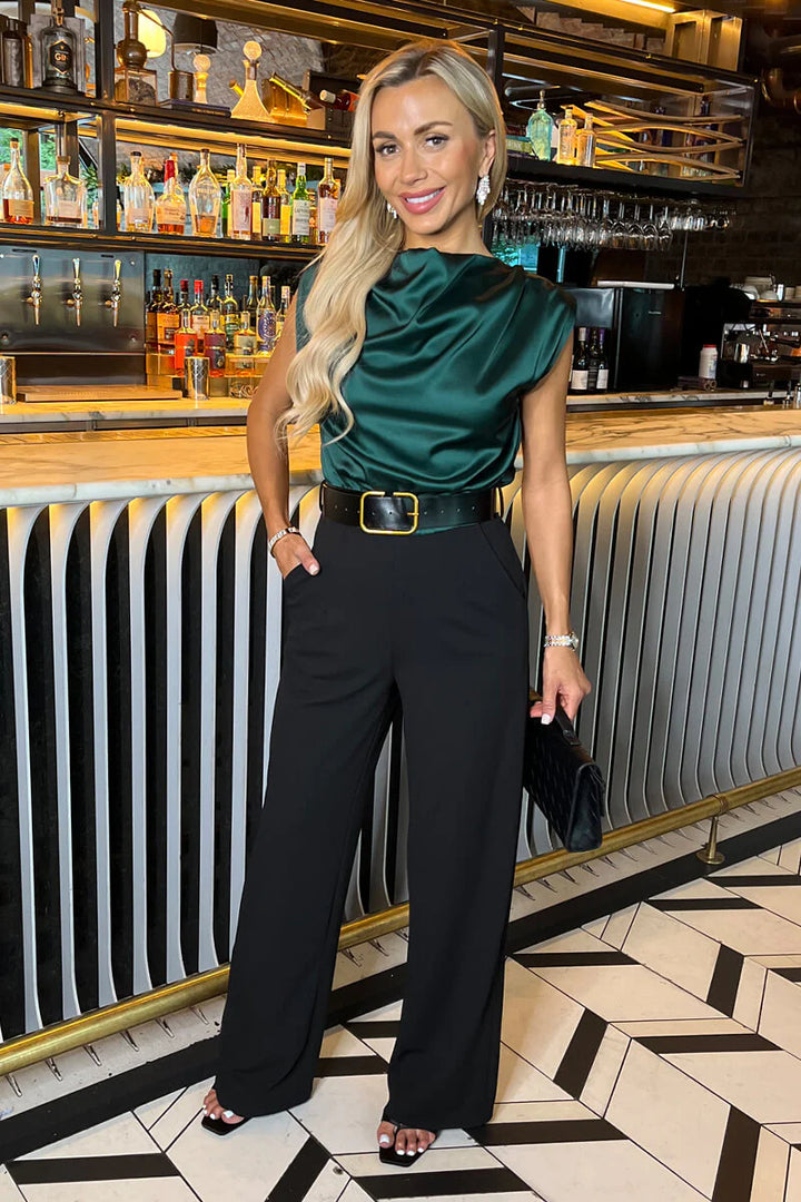 Montana Teal 2 in 1 Draped Neck Belted Wide Leg Jumpsuit