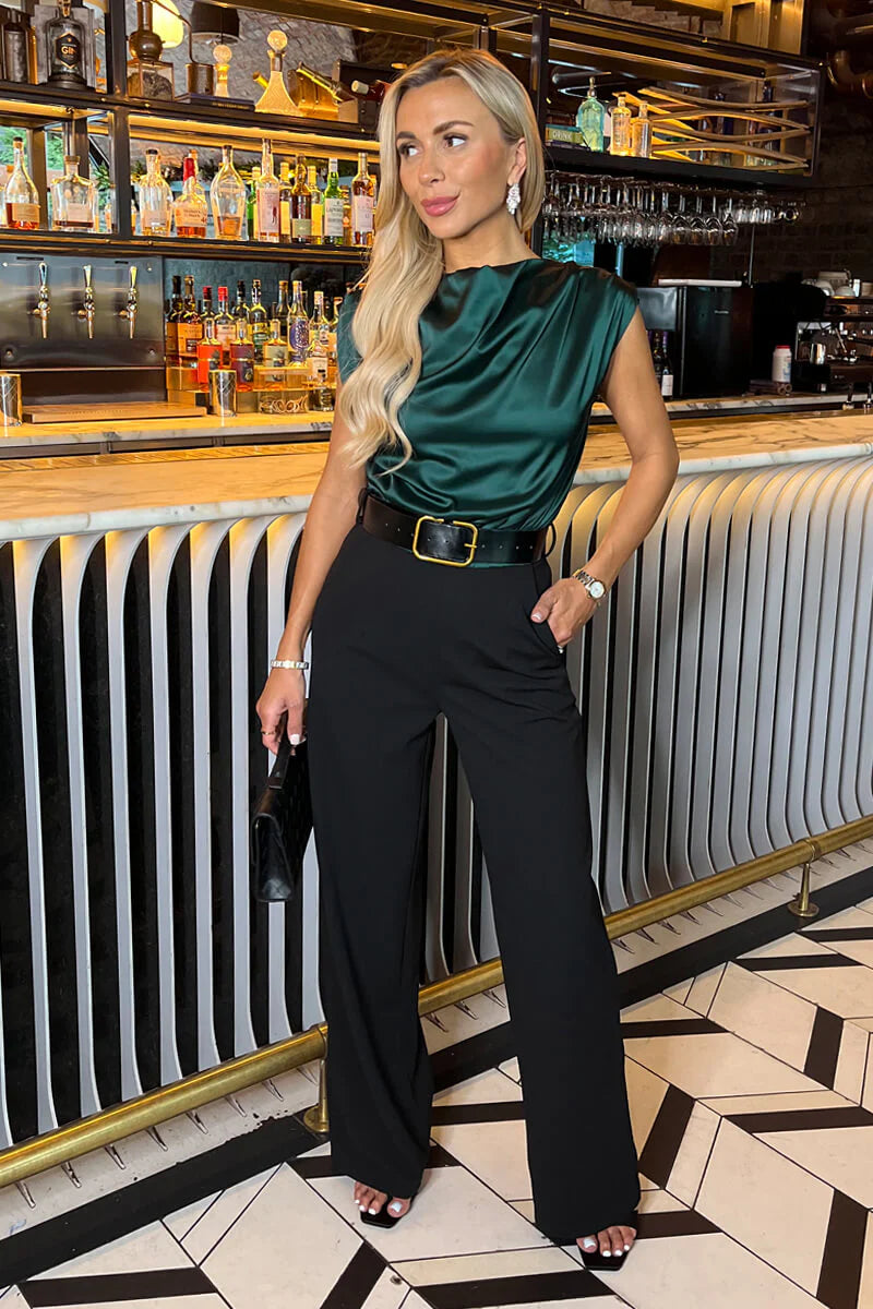 Montana Teal 2 in 1 Draped Neck Belted Wide Leg Jumpsuit