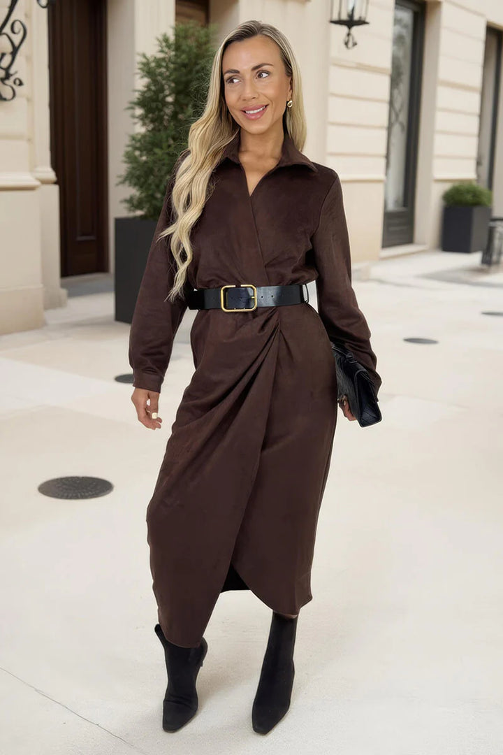 Sienna Chocolate Faux Suede Long Sleeve Belted Wrap Midi Dress