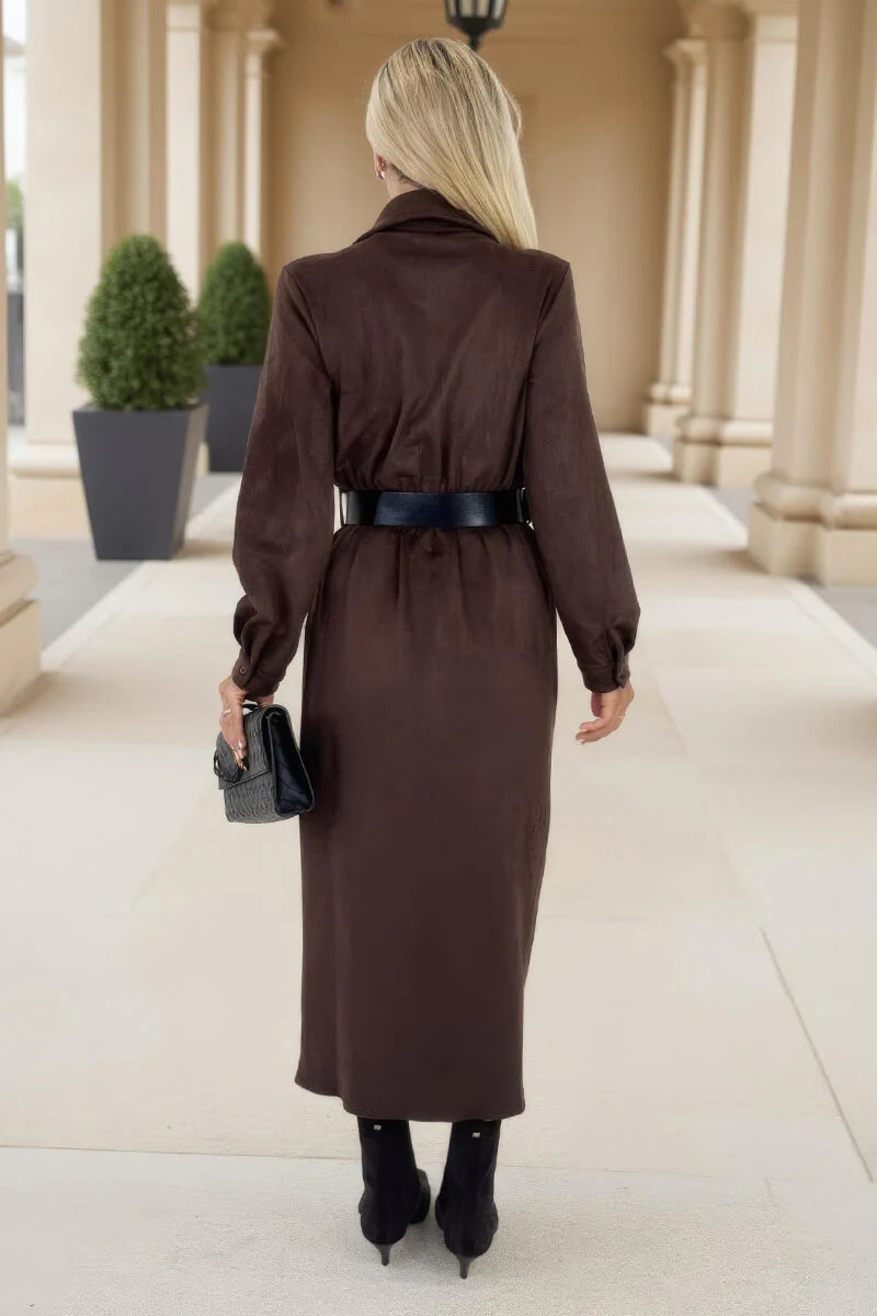 long sleeve brown suede dress Brown Suede Belted Long-sleeve Pleated Dress