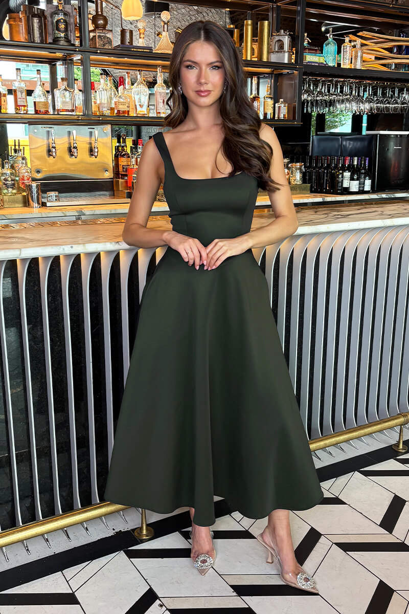 Darcy Forest Green Square Neck Sleeveless Midi Dress With Pockets