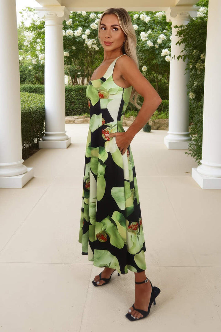 Darcy Black & Green Floral Square Neck Sleeveless Midi Dress With Pockets