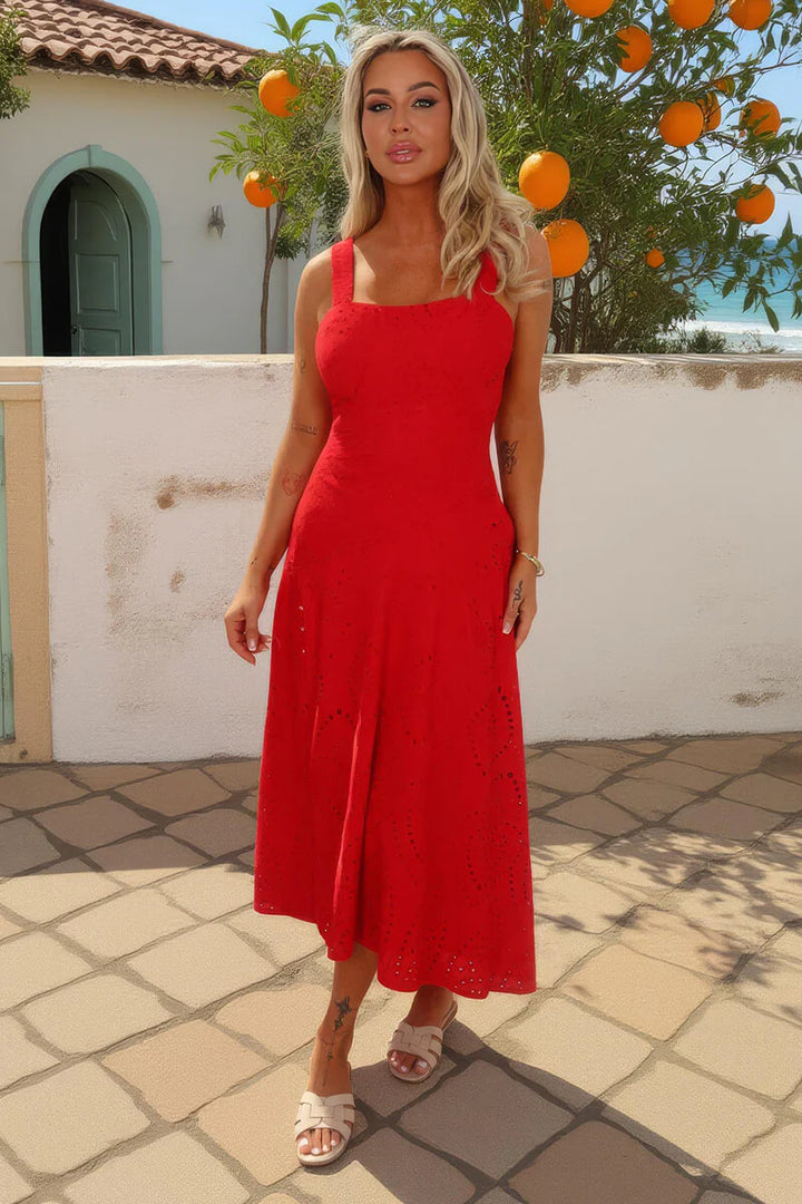 Charlotte Red Broderie Shirred Straps Button Detail Midi Dress