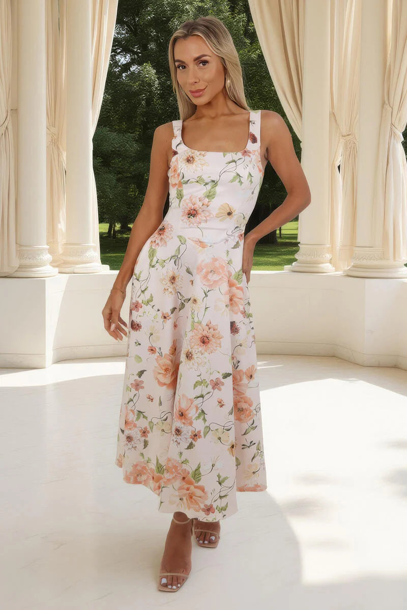 Darcy Peach Floral Print Square Neck Sleeveless Midi Dress With Pockets