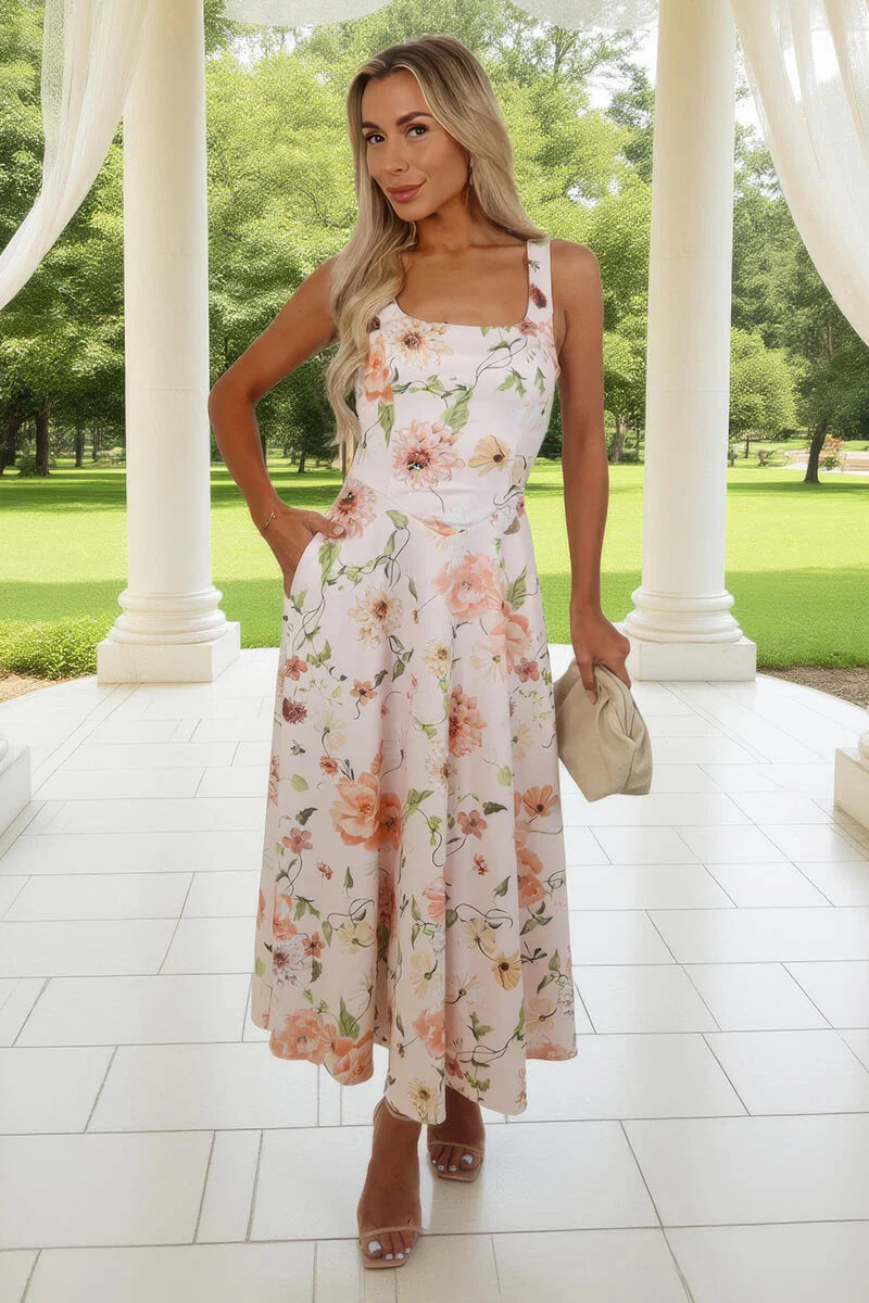 Darcy Peach Floral Print Square Neck Sleeveless Midi Dress With Pockets