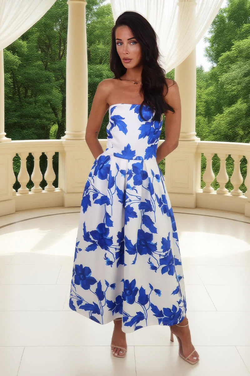 Maeve Blue Floral Bandeau A-Line Midi Dress | LittleMadam Maeve Blue Floral Bandeau A-Line Midi Dress | LittleMadam