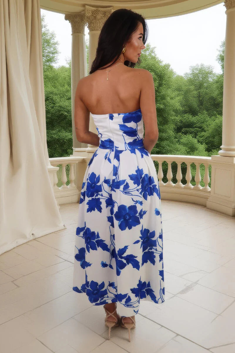 Maeve Blue Floral Bandeau A-Line Midi Dress | LittleMadam Maeve Blue Floral Bandeau A-Line Midi Dress | LittleMadam