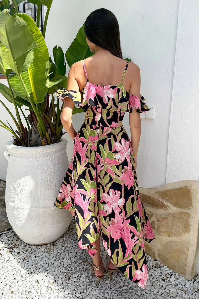 Lexie Pink Tropical Flower Print Cold Shoulder Hanky Hem Midi Dress
