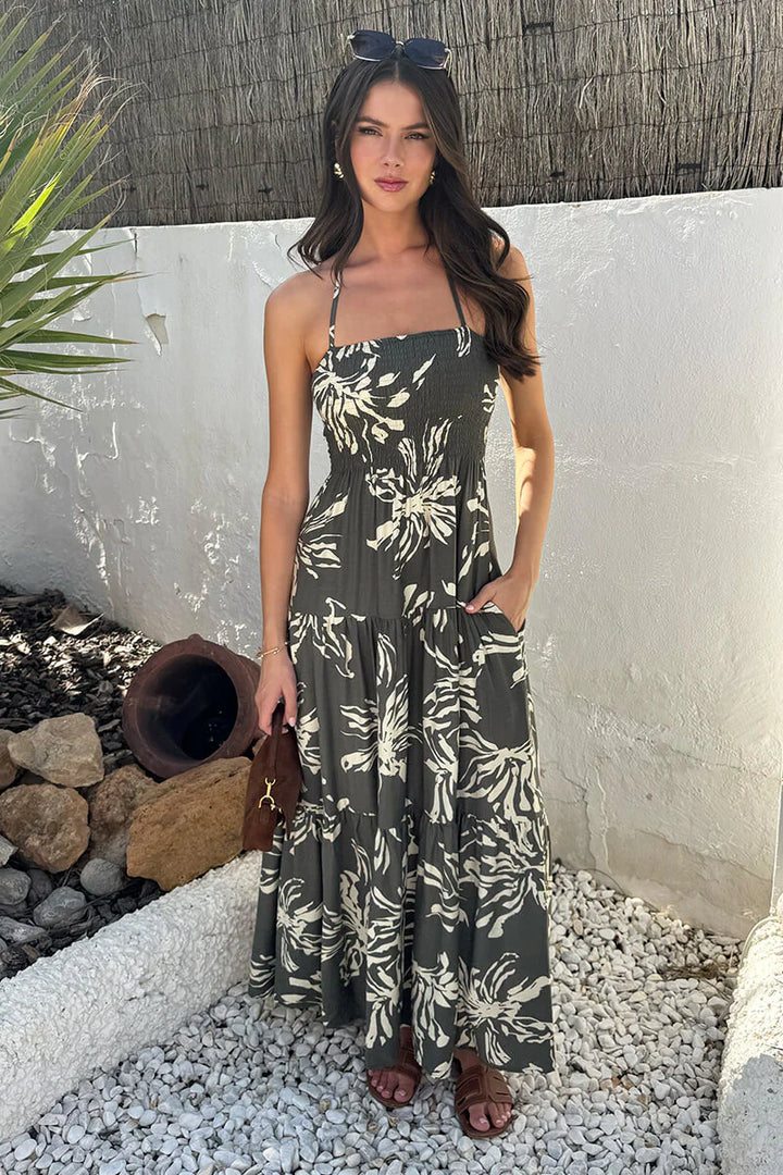 Alice Khaki Abstract Floral Print Tie Neck Smock Maxi Dress