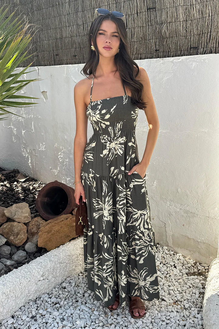 Alice Khaki Abstract Floral Print Tie Neck Smock Maxi Dress