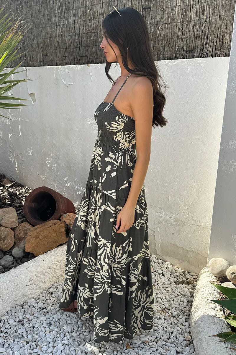 Alice Khaki Abstract Floral Print Tie Neck Smock Maxi Dress