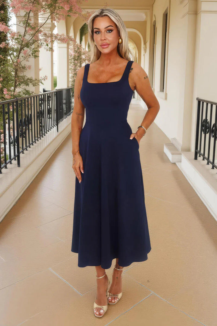 Darcy Navy Square Neck Sleeveless Midi Dress With Pockets
