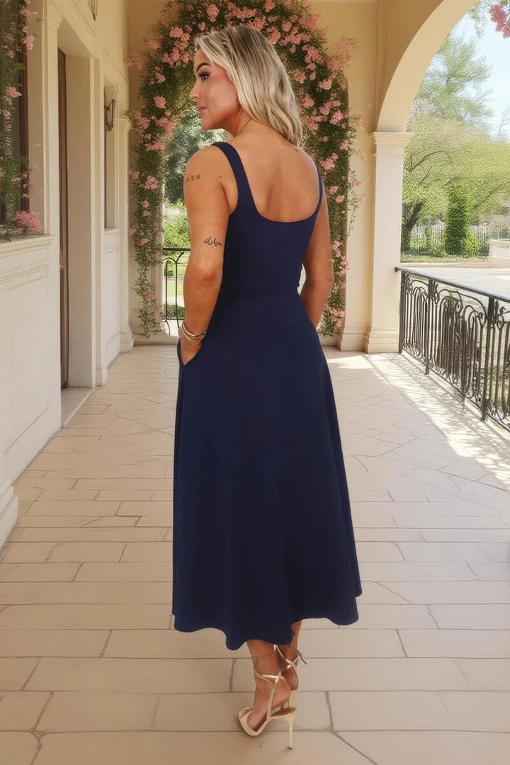 Darcy Navy Square Neck Sleeveless Midi Dress With Pockets