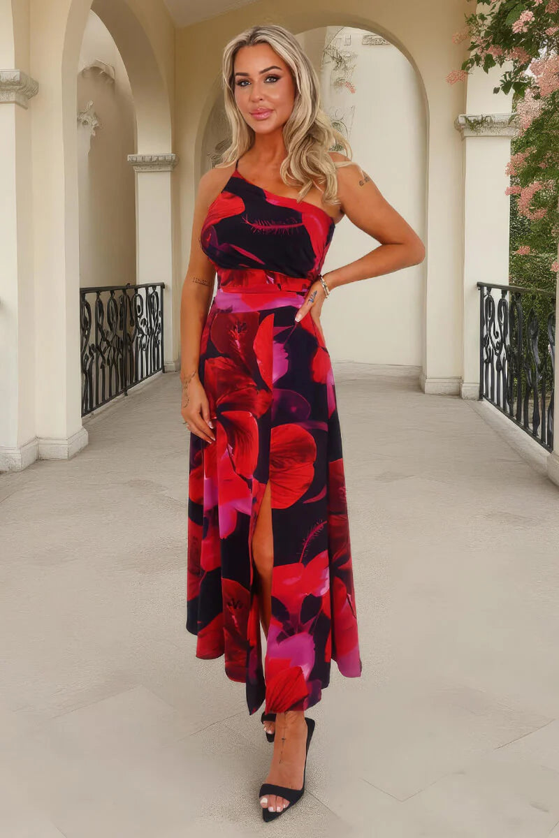 Rachel Black & Red Floral Print One Shoulder Ruched Waist Maxi Dress