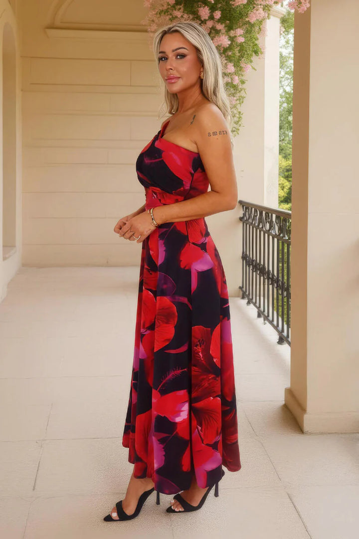 Rachel Black & Red Floral Print One Shoulder Ruched Waist Maxi Dress