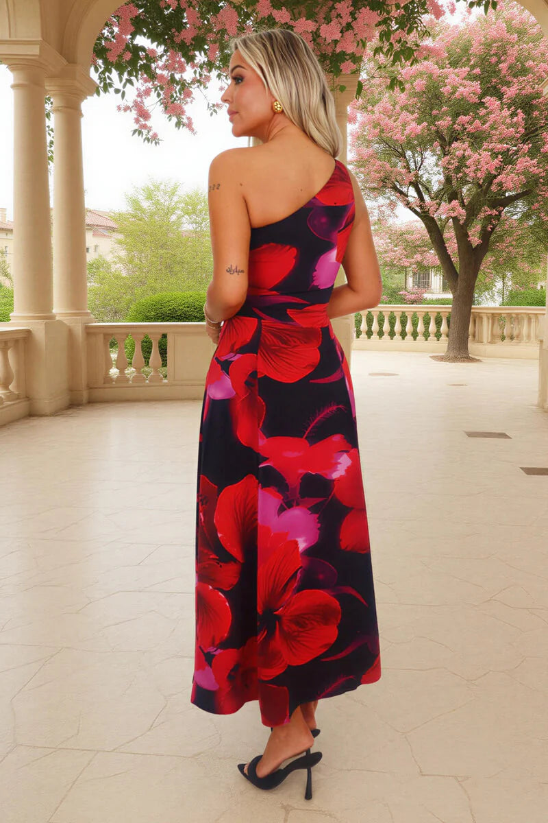Rachel Black & Red Floral Print One Shoulder Ruched Waist Maxi Dress