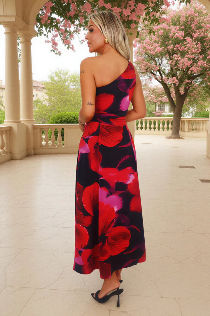 Rachel Black & Red Floral Print One Shoulder Ruched Waist Maxi Dress