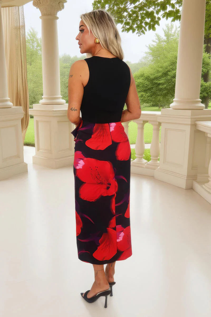Selena Black & Red Floral Print 2 in 1 Bow Detail Midi Dress