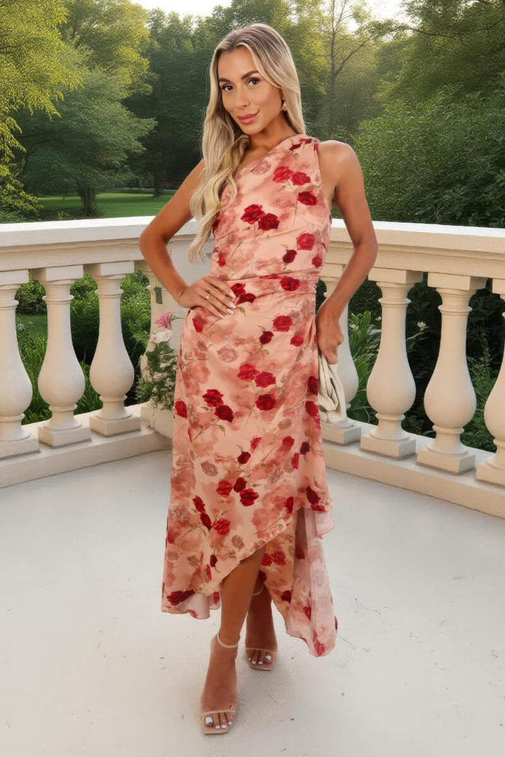 Sorcha Blush Rose Print One Shoulder Dipped Hem Maxi Dress