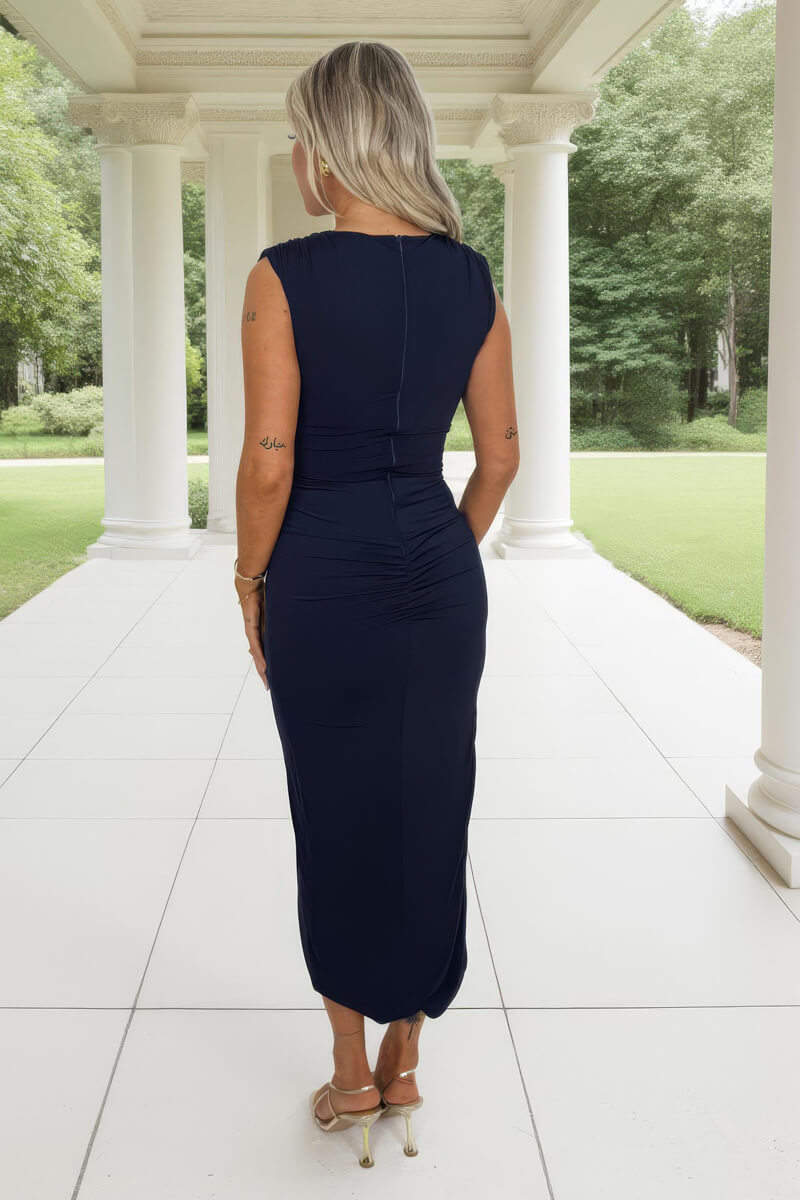 Eva Navy Draped Sash Top Wrap Skirt Bodycon Midi Dress