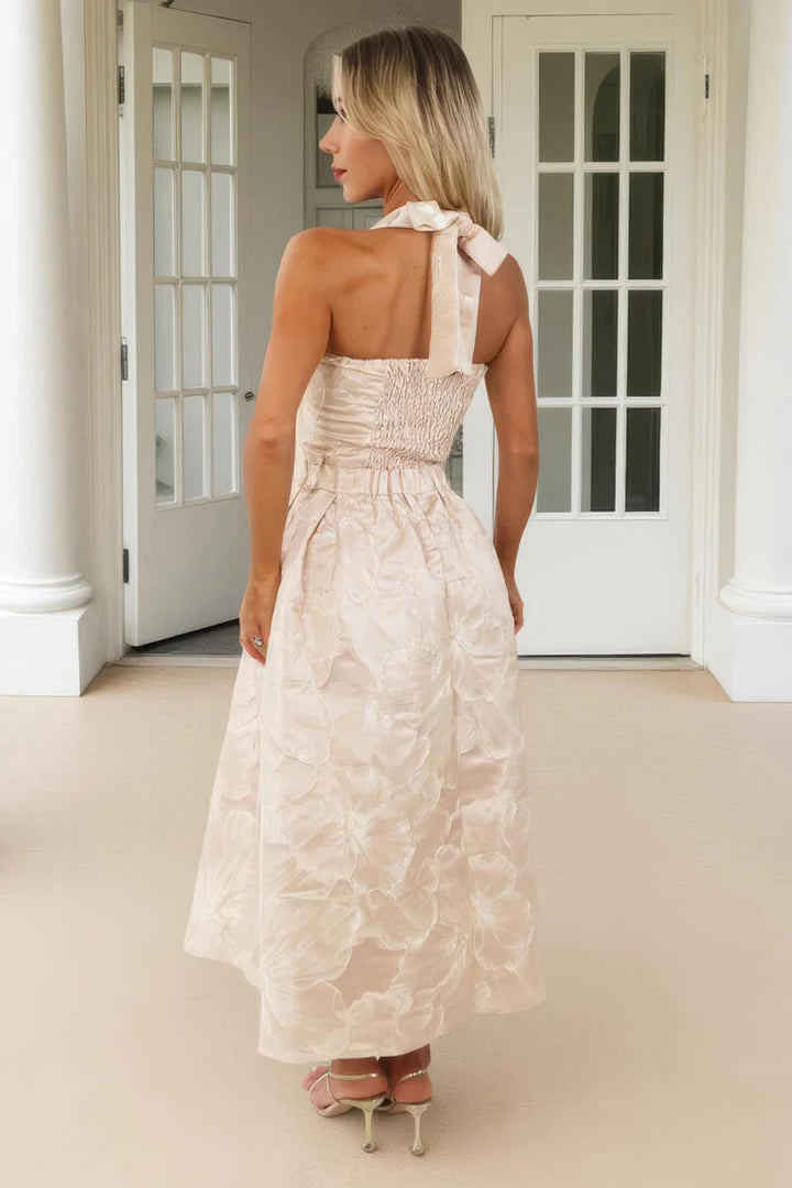 Christina Blush Floral Jacquard Tie Halterneck Neck A-Line Midi Dress