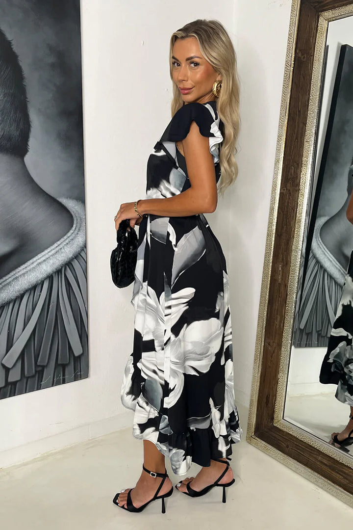 Leisl Black & White Bold Floral Print Frill Hem Wrap Midi Dress