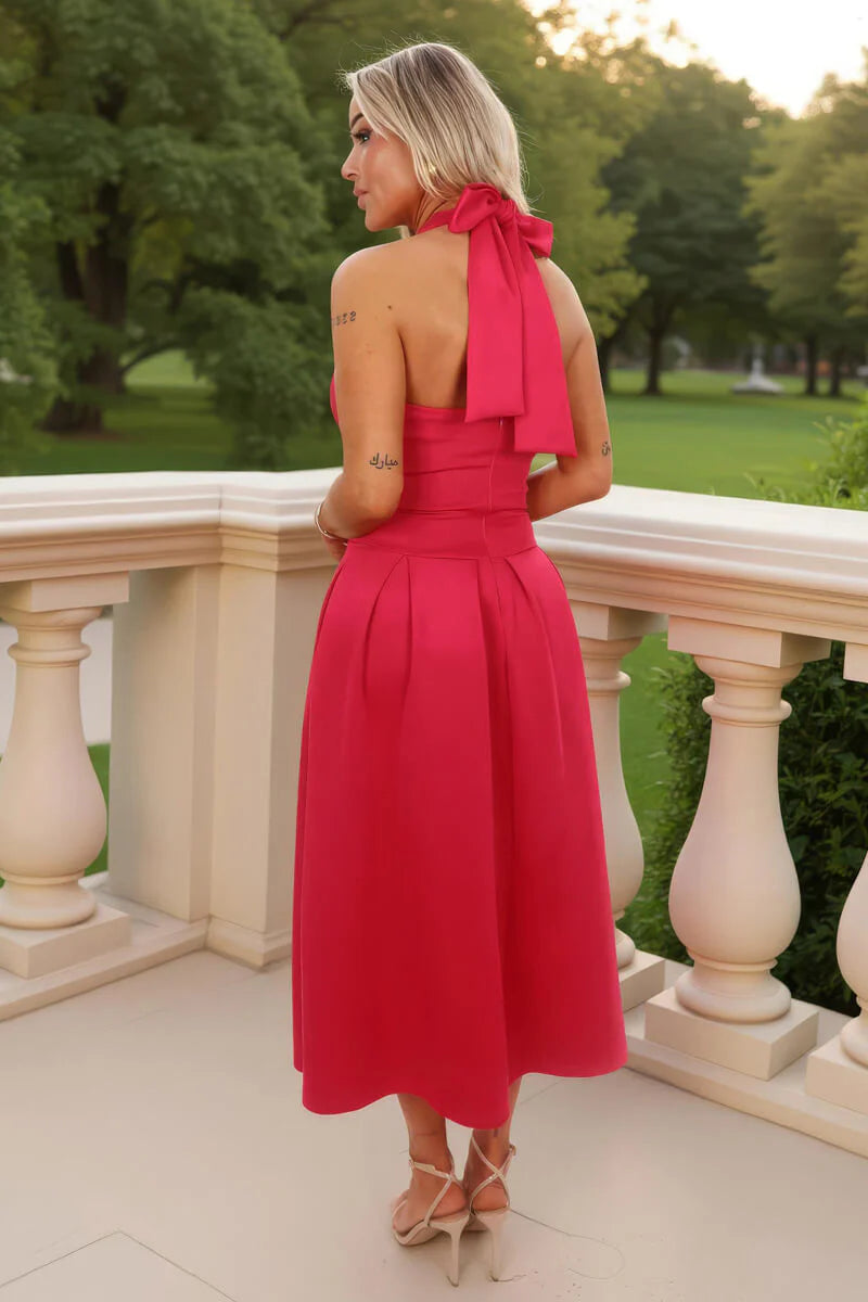 Marilyn Magenta Tie Halter Neck Midi Dress