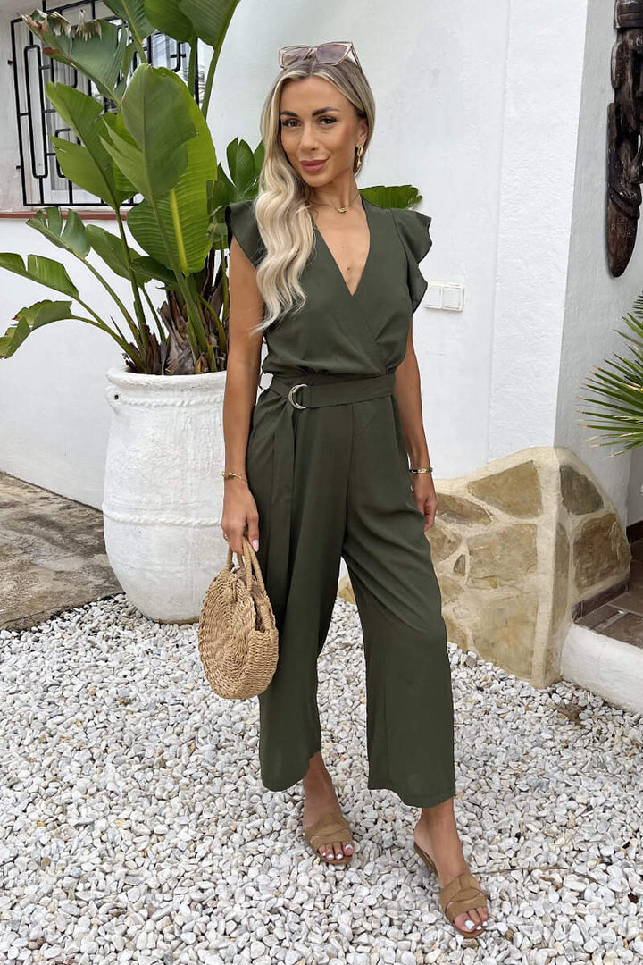 Rita Khaki Wrap Top Flutter Sleeve Belted Cropped Leg Jumpsuit