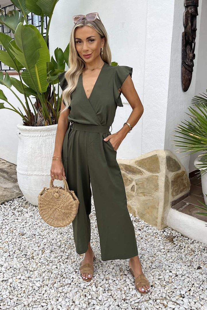 Rita Khaki Wrap Top Flutter Sleeve Belted Cropped Leg Jumpsuit
