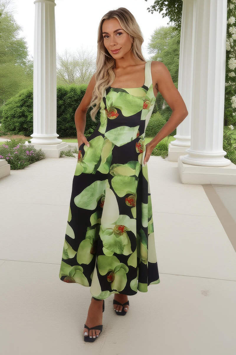 Darcy Black & Green Floral Square Neck Sleeveless Midi Dress With Pockets