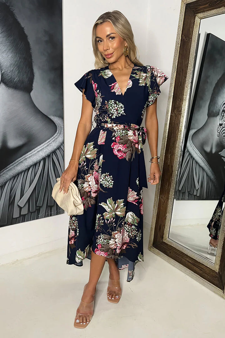 Dionne Navy & Pink Floral Print Short Sleeve Belted Wrap Midi Dress