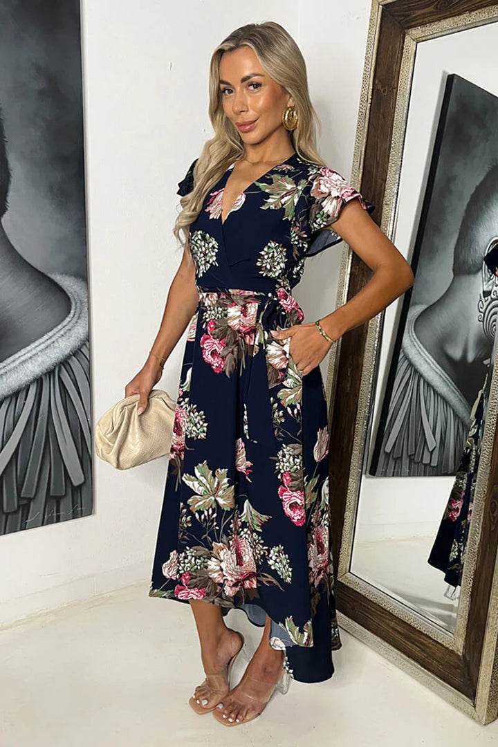 Dionne Navy & Pink Floral Print Short Sleeve Belted Wrap Midi Dress