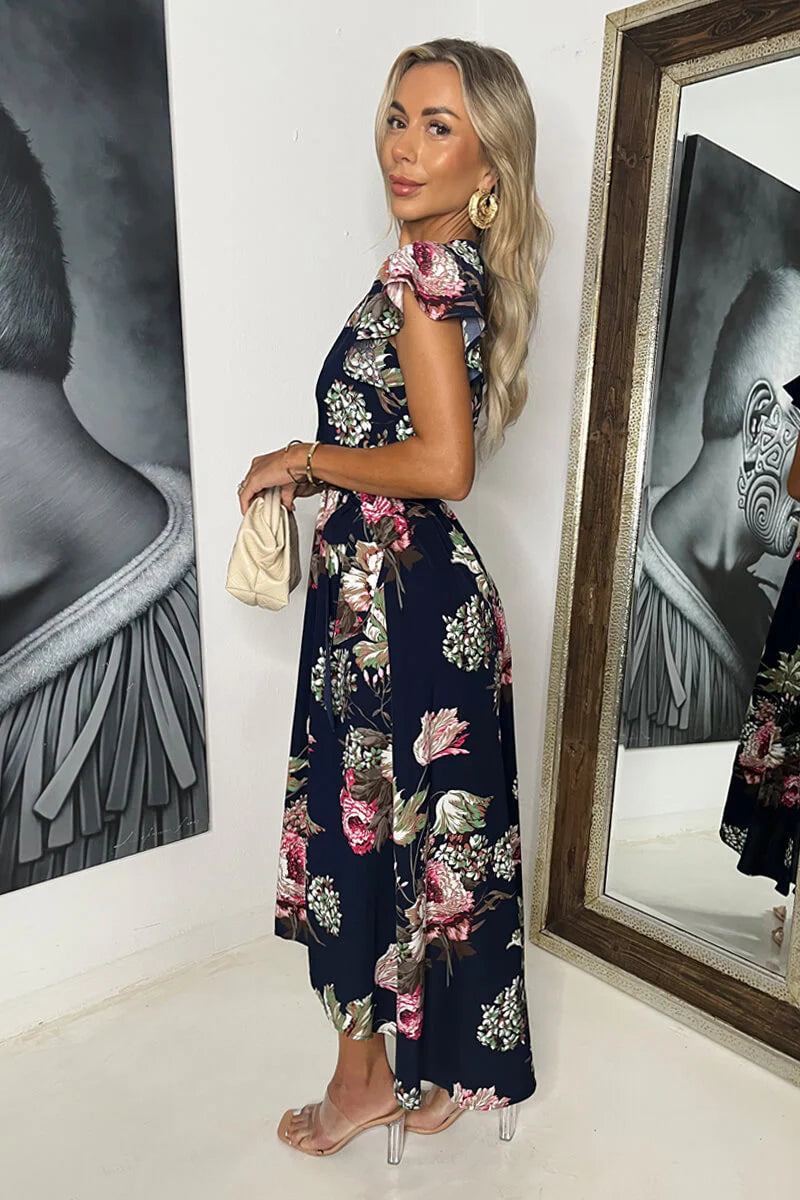 Dionne Navy & Pink Floral Print Short Sleeve Belted Wrap Midi Dress
