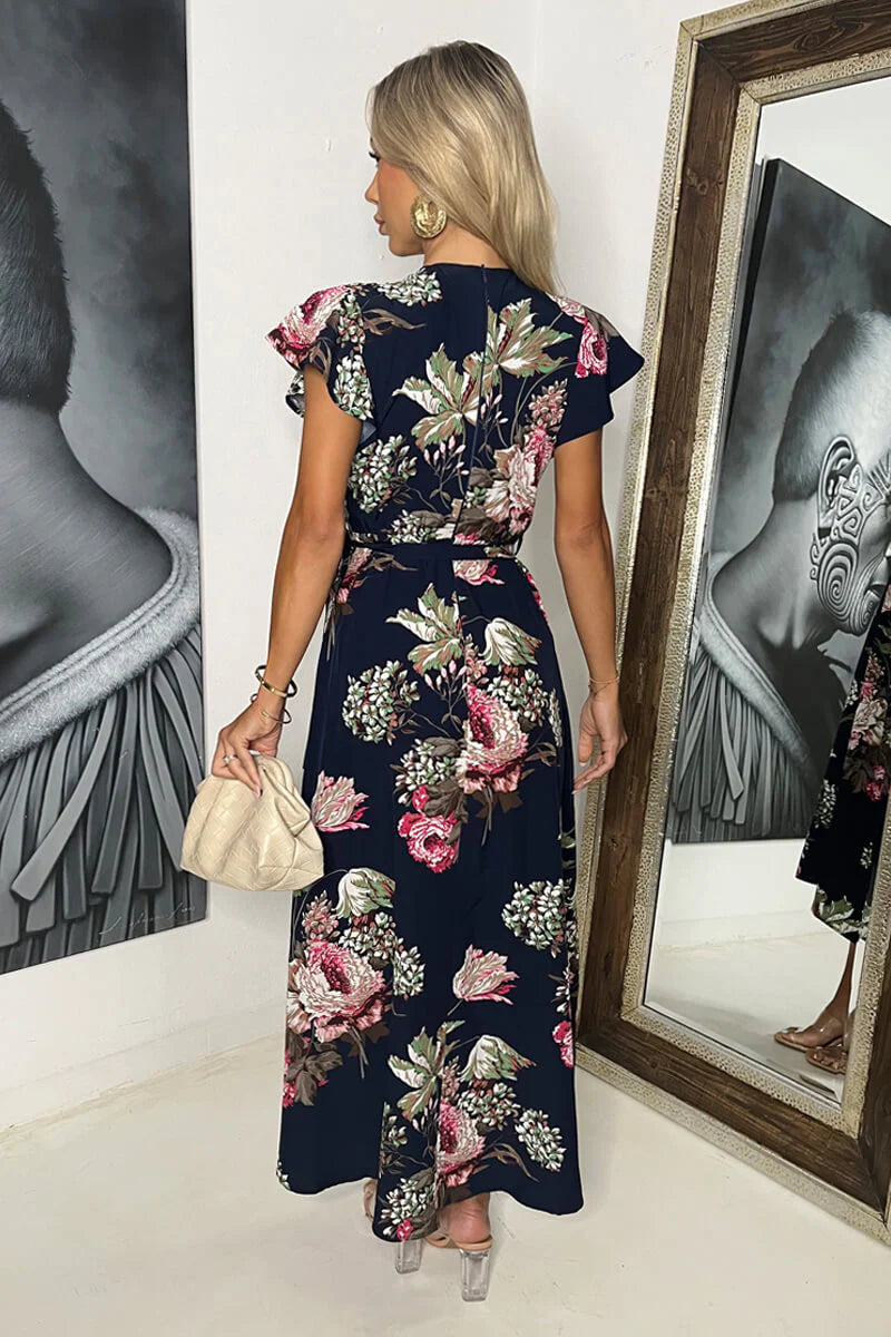 Dionne Navy & Pink Floral Print Short Sleeve Belted Wrap Midi Dress