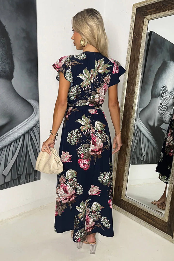 Dionne Navy & Pink Floral Print Short Sleeve Belted Wrap Midi Dress
