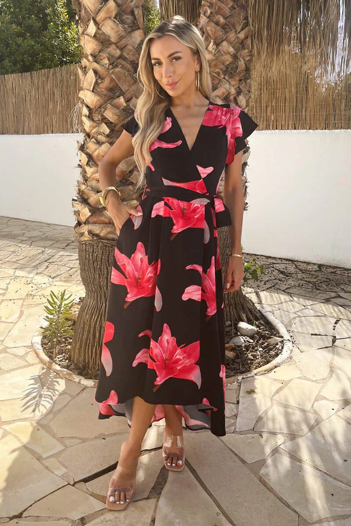 Dionne Black & Cerise Floral Short Sleeve Belted Dip Hem Midi Dress