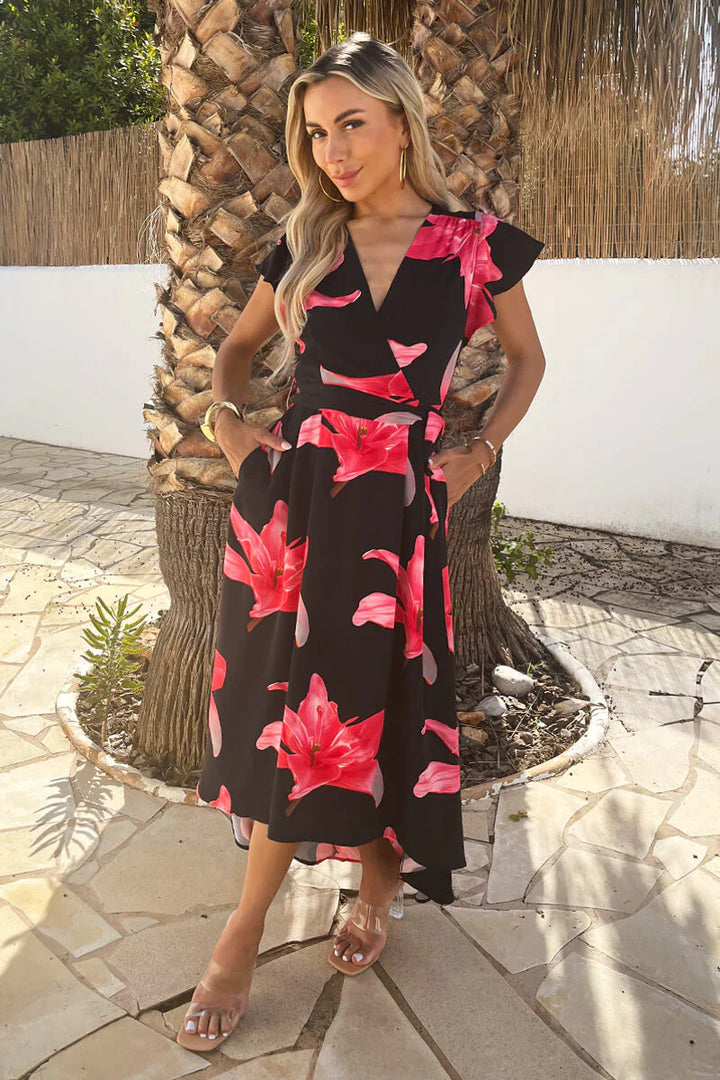 Dionne Black & Cerise Floral Short Sleeve Belted Dip Hem Midi Dress