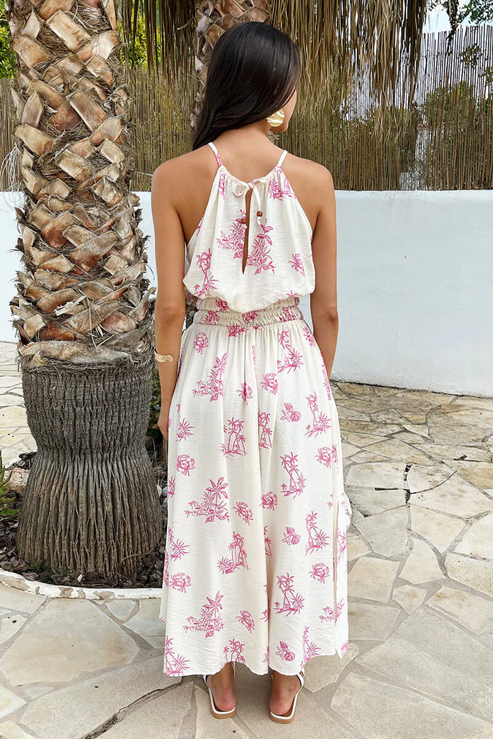 Macy Pink And Cream Beach Print Tie Racer Neck Shirred Waist Maxi Dress