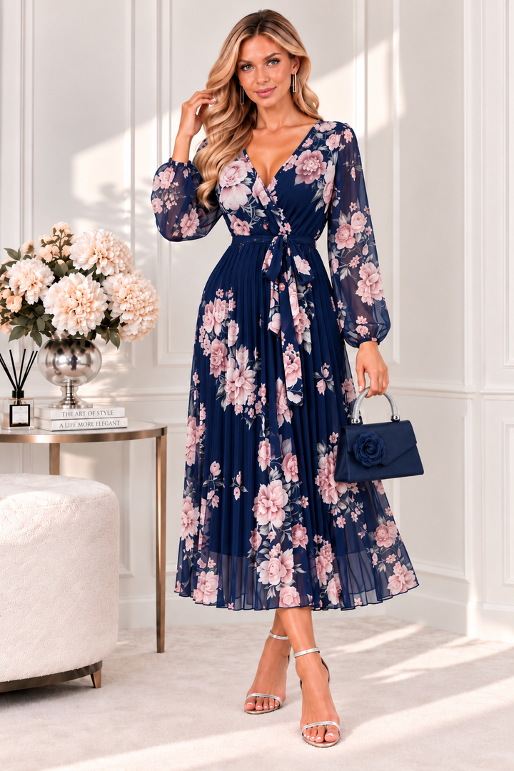 Amalfi Coast Navy & Pink Floral Chiffon Long Sleeve Pleated Belted Maxi Dress