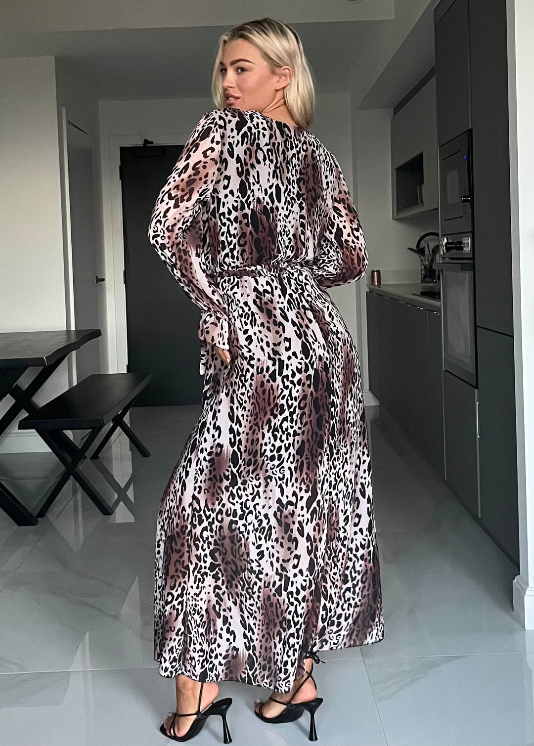 Melanie Leopard Print Chiffon Belted Long Sleeve Maxi Dress - 2 LENGTHS