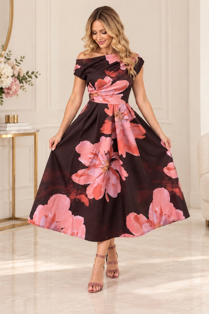 Betty Brown & Pink Floral Asymmetric Neckline Skater Maxi Dress With Pockets