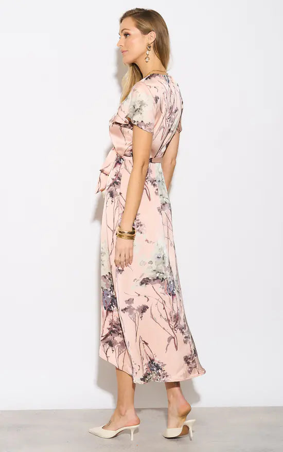 Belle Pale Peach Flutter Sleeve Satin Wrap Maxi Dress