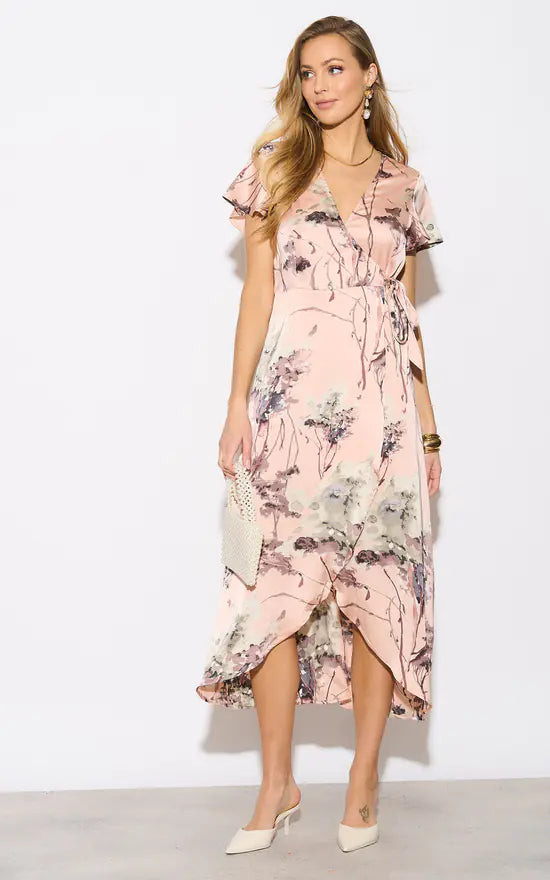 Belle Pale Peach Flutter Sleeve Satin Wrap Maxi Dress