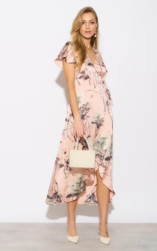 Belle Pale Peach Flutter Sleeve Satin Wrap Maxi Dress