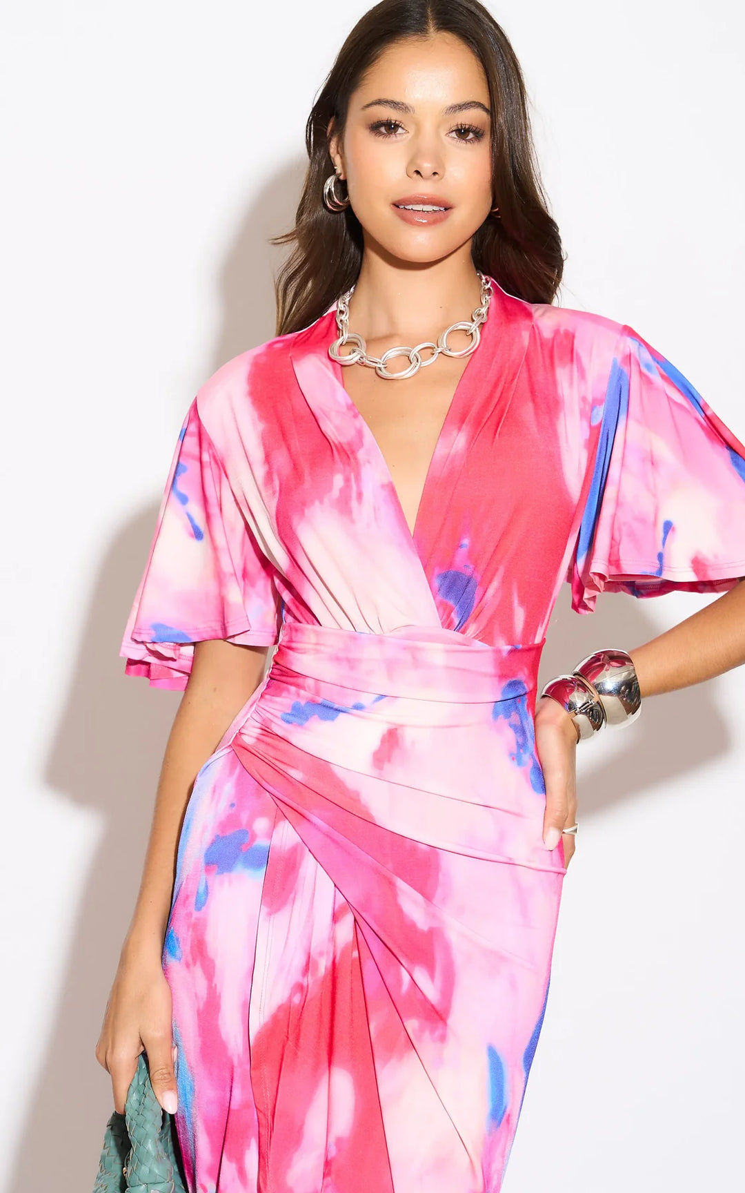 Manhattan Pink Abstract Angel Sleeve Bodycon Midi Dress