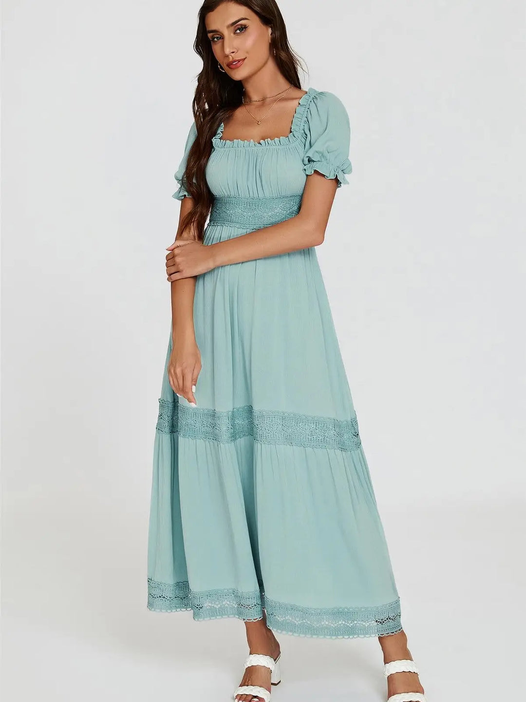 Ophelia Duckegg Blue Boho Lace Short Sleeve Maxi Dress