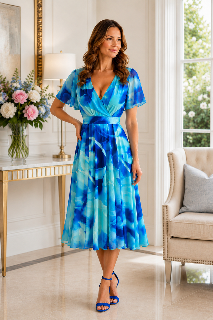 Isobel Blue Abstract Angel Sleeve Belted Mesh Maxi Dress - PETITE LENGTH (3 LENGTHS)