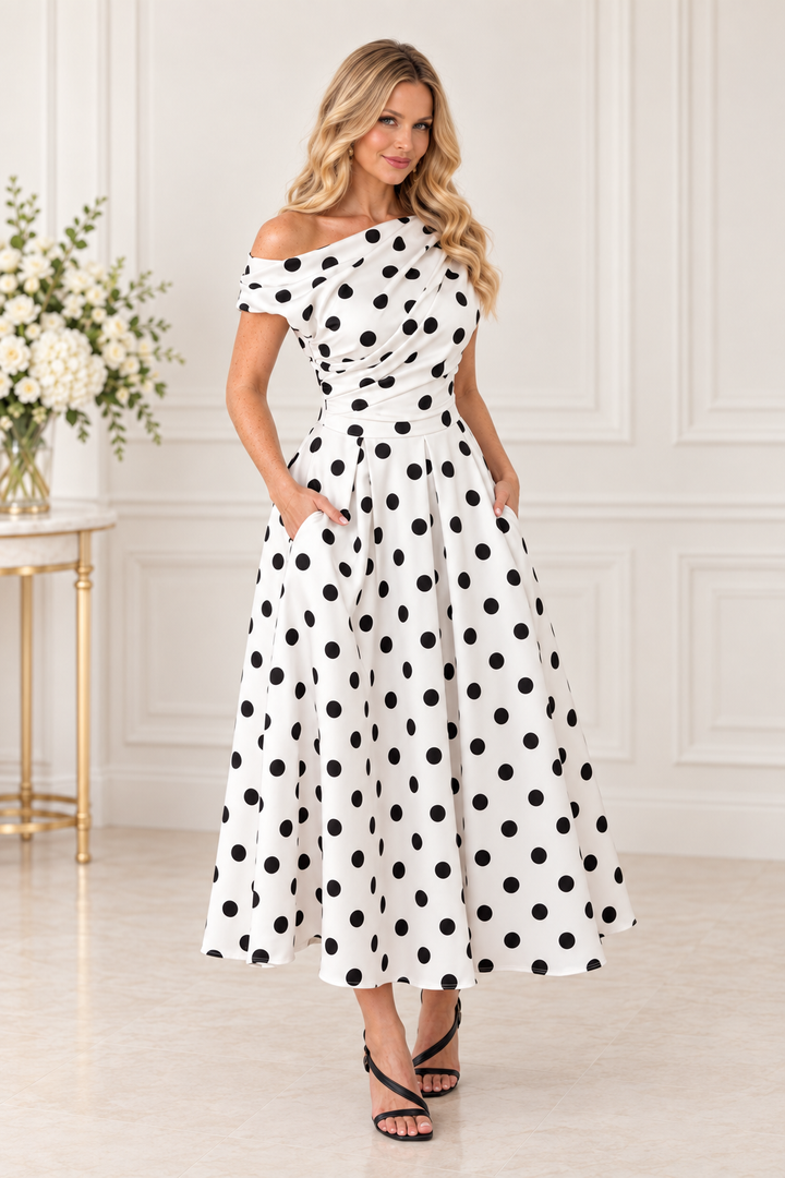 Betty White Polka Dot Asymmetric Neckline Skater Midi Dress With Pockets