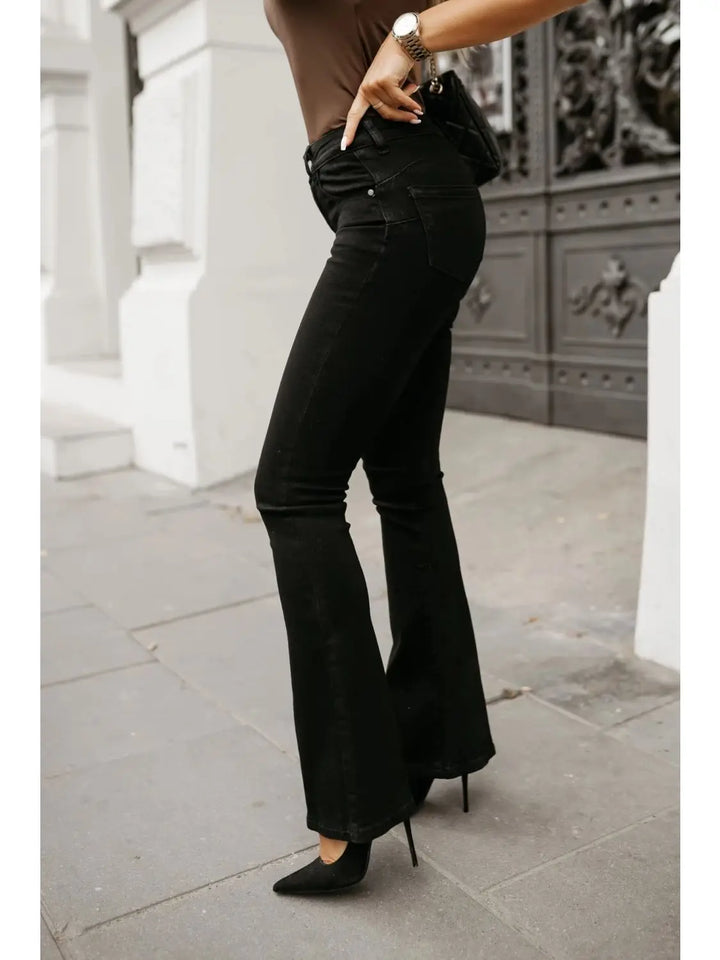 Katie Super Stretchy Black Denim Fitted Flared Hem Push Up High Waist Jeans